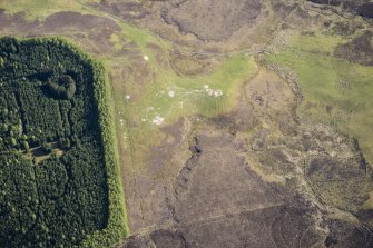 Oblique aerial view of a Pitcarmick building and cultivation remains at Lair in Glen Shee, looking WSW.