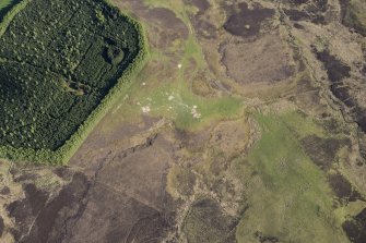 Oblique aerial view of a Pitcarmick building, farmstead and rig at Lair in Glen Shee, looking SE.