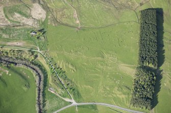 Oblique aerial view of the townships, field system and rig at Gleann Fearnach on the slopes of Creag Dubh Leitir, looking NE.