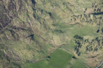 Oblique aerial view of the farmstead, head dyke and rig at Ceanghline in Glen Brerachan, looking NE.