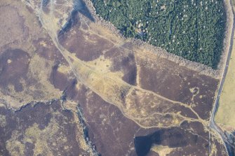 Oblique aerial view of Pitcarmick buildings, hut circles and a ring cairn at Lair, Glen Shee, looking N.