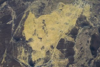 Oblique aerial view of a the depopulated township of Corra-Lairig and cultivation remains, Glen Shee, looking SSE.