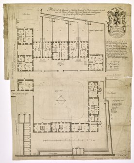 Plan of proposed square showing floor plans of 15 houses in grounds of hospital in Bristo Street.