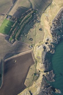 Oblique aerial view of Kincraig coastal gun battery and military camp, looking NE.