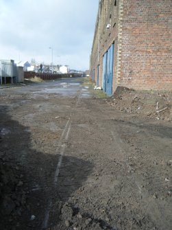 Rails to the south side of the warehouse, photograph from watching brief at James Watt Dock, Glasgow