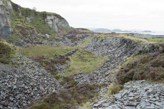 Raised tramway track to south east of Creag Nam Duin quarry (NM71NW 115) overlying earlier enclosures, general view from south
