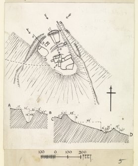 Publication drawing; plan and sections of Wrunklaw promontory fort.