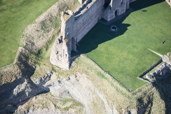Oblique aerial view of the East Tower at Tantallon Castle, looking W.
