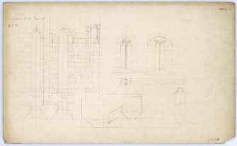 Drawing of windows in north and south transepts of Beauly Priory showing elevations and sections.