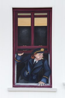 Detail of mural of guard blowing whistle at open window