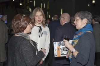 M McDonald (HES and Scottish Transport and Industry Collections and Knowledge network (STICK)), Daniela Wellnitz (Industrial Museums Scotland/ Scottish Maritime Museum) and Alison Cutforth at the Celebrating James Watt: inventor, polymath, genius event at Holyrood Garden Lobby, 19th January 2016