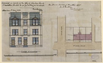 Aberdeen, St. Swithin Street.
Block plan, plans, elevations and house on West side of street.
Insc: 'Shops And Dwelling Houses Proposed To Be Erected Corner Of St. Swithin Street'.
