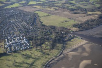 Oblique aerial view of Cramond Village and Dunfermline College of Physical Education, looking WSW.