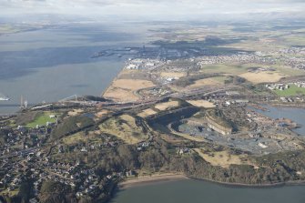 Oblique aerial view of the road works for the new Queensferry Crossing, Cruiks Quarry, Thomas Ward and Sons Shipbreaking Yard and HM Naval Dockyard in Rosyth , looking W.
