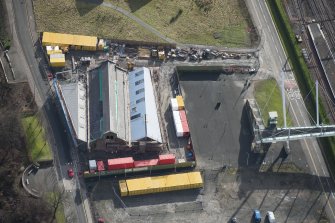 Oblique aerial view of The Engine Shed under construction, looking SSE.