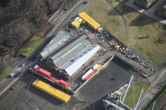 Oblique aerial view of The Engine Shed under construction, looking ESE.