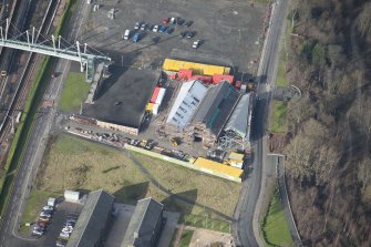 Oblique aerial view of The Engine Shed under construction, looking NNW.