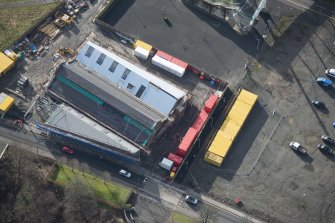 Oblique aerial view of The Engine Shed under construction, looking SE.