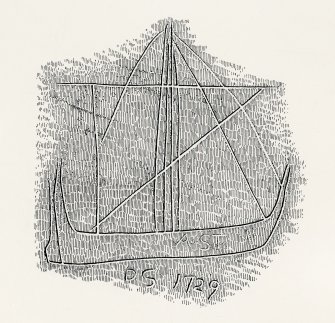 Publication drawing; graffito of ship, initials and a date of 1729, Creagan.