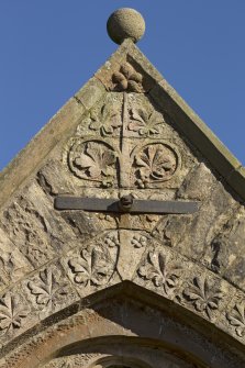 West gable, detail of carved decoration and ball finial