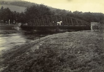 View of unidentified bridge with carriage and white horses,  possibly over the River Tweed, in the Peebles area, Scottish Borders