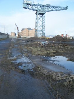View of listed cantilever crane, during archaeological monitoring at James Warr Dock, Greenock