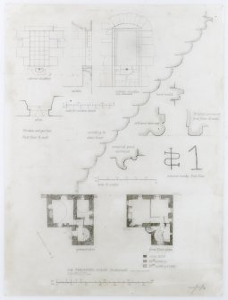 Ground and first floor plans (1:100) and masons' marks (full size) and details (1:50).