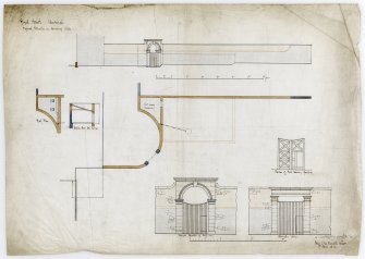 Royal Bank of Scotland Head Office.
Plans showing alterations and plans of excavations.  Elevations and details of bookcase in cashiers' room. Plans, sections and elevations of additions, including details of alterations to boundary walls. Plans, sections and details of counter, night depository box and windows in lunch room.