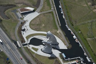Oblique aerial view of The Kelpies, looking SW.