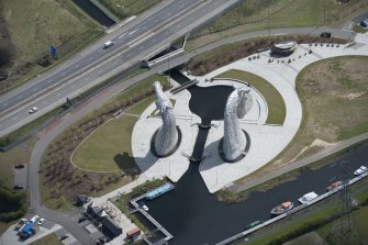 Oblique aerial view of The Kelpies, taken in 2016.