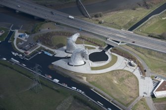 Oblique aerial view of The Kelpies, looking NNE.