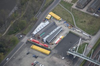 Oblique aerial view of The Engine Shed, looking SE.