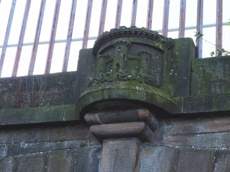 Detail of carved stone showing castle emblem on Edinburgh side of Bridge No 1, Union Canal, Viewforth, Edinburgh