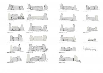 Comparative page showing elevations of selected recumbent stone and flanker settings. 300dpi tiff copy of EPS file.