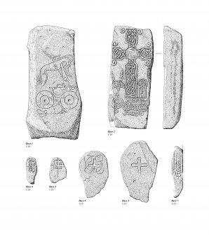 The collection of early medieval sculptured stone from Dyce churchyard. 300 dpi copy of EPS file.
