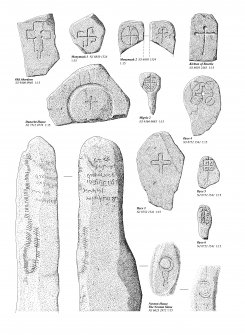 Comparative drawings of cross-marked stones from Donside, and the inscribed Newton Stone. Ink drawing