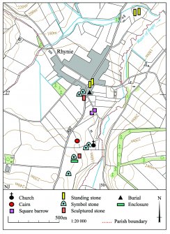 This map shows the location of sites and monuments around the village of Rhynie.