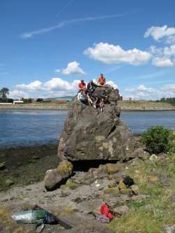 View of ACCORD team members on 'Sea' boulder, viewed from south-east.