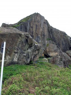 View of main crag and 'Eagle' boulder, from north-west.