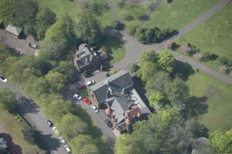 Oblique aerial view of Pollokshields Burgh Hall, looking WSW.