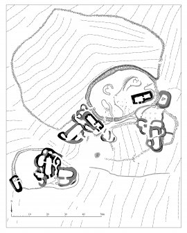 Publication drawing; site plan of township and chapel, North Rona. 