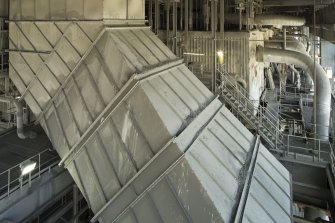Interior general view. Boiler House. 198 foot level. Unit 4 Boiler Forced Draught fan suction inlet duct, one of two.