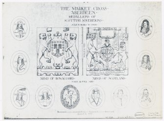 Drawing of Arms of Bon-Accord and United Kingdom and medallions of Scottish monarchs on Aberdeen Mercat Cross