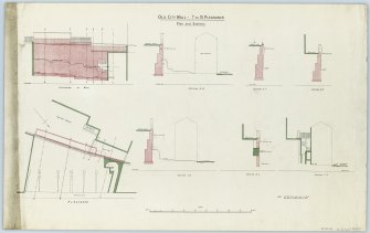 Drawing of the Flodden Wall at the Pleasance beside the City Hospital showing a block plan, elevation of wall, cross-sections A-B, C-D, E-F, G-H, I-J, K-L.
Insc. 'Old City Wall - 7 to 15 Pleasance. Plan and Sections.'
