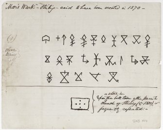Drawing showing masons' marks from Mar's Wark, Stirling and a pattern of dots from the bell tower of the parish church of Stirling.