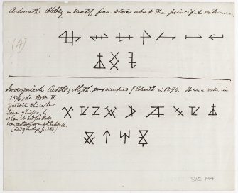 Drawing showing masons' marks from Arbroath Abbey and Inverquiech Castle.