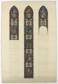 Cartoon showing partly coloured stained glass design, St Peter's Roman Catholic Church, Falcon Avenue, Edinburgh  
