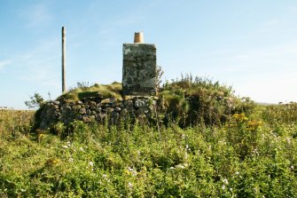 View showing chimney on overgrown and ruinous former 19th century single-storey cottage; Tiree, Kilkenneth.
