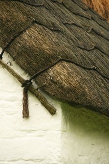  Detail of  thatched roof showing rope supports and netting; cruck-framed cottage, Torthorwald.