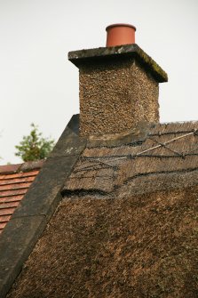 Detail of chimney, thatched ridge and tiled roof; Quoins Cottage, Longforgan Main Street.